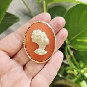 Vintage Orange & White Cameo Victorian Revival Lapel Brooch Pin